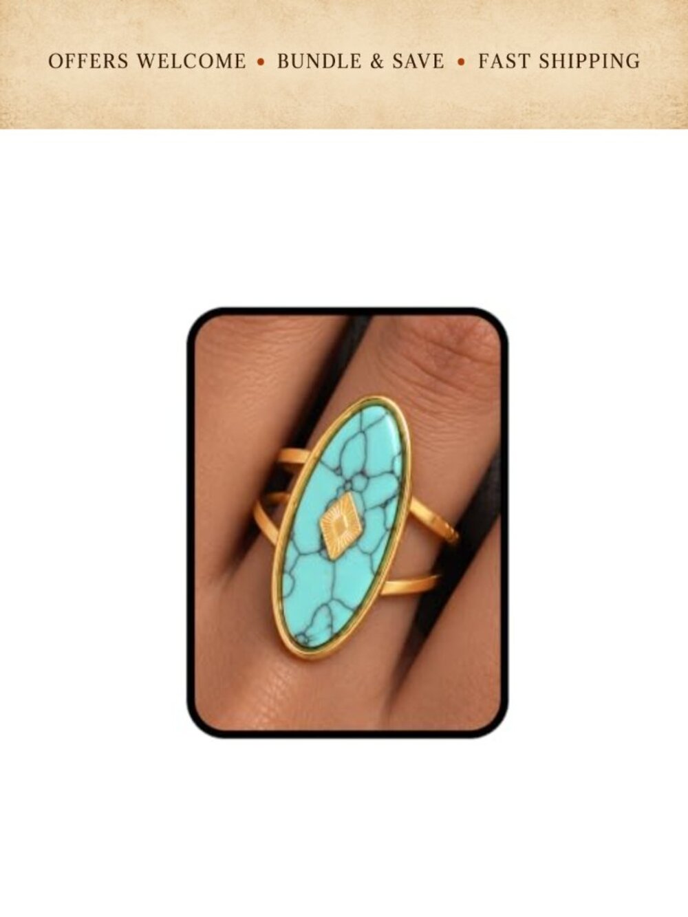 Adjustable Turquoise Statement Ring Stainless Steel Boho Geometric Jewelry